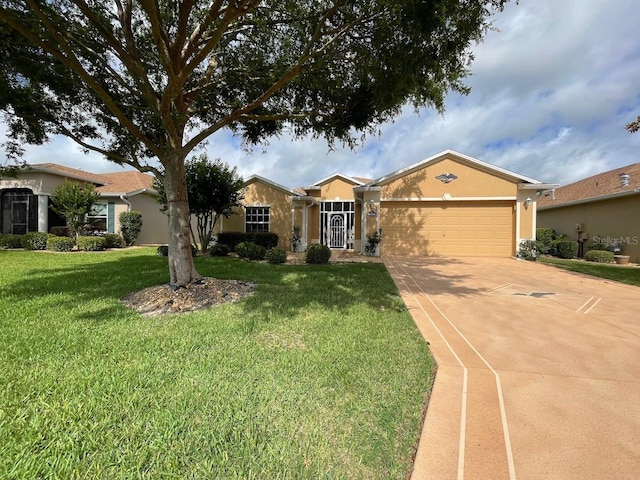 ranch-style house with a garage and a front yard