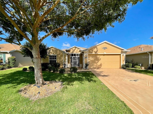 ranch-style house with a garage and a front lawn