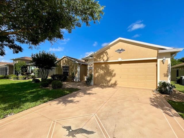 ranch-style home with a garage and a front lawn