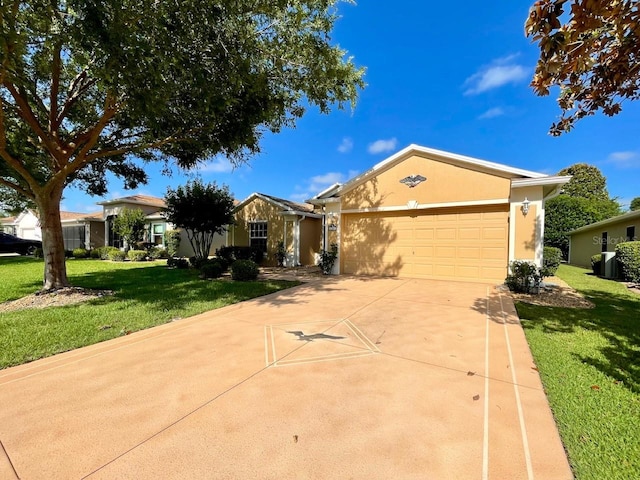 ranch-style home with a garage and a front lawn