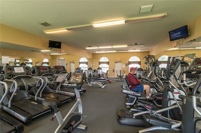 workout area featuring a textured ceiling and a wealth of natural light