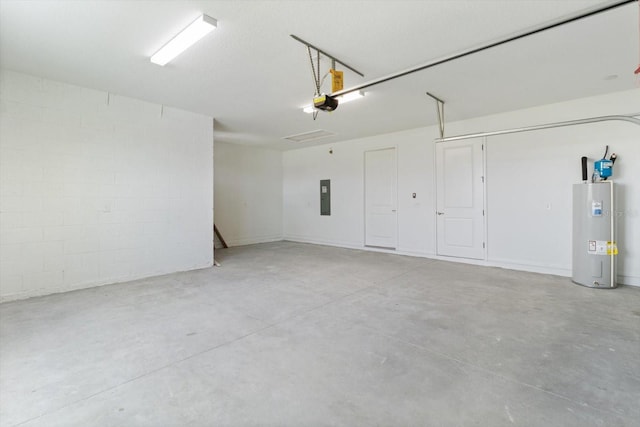 garage with electric panel, electric water heater, and a garage door opener