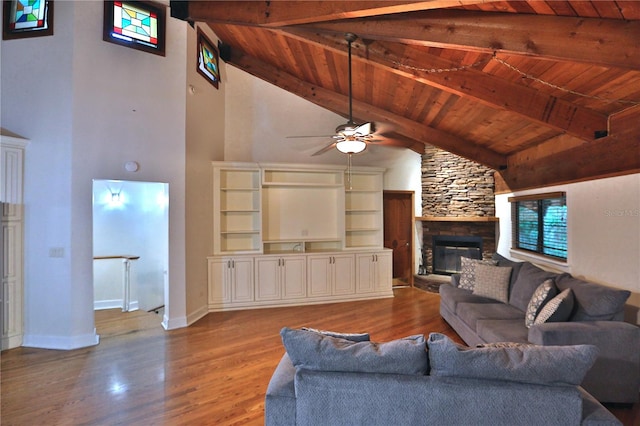 living room with a fireplace, hardwood / wood-style floors, and wooden ceiling