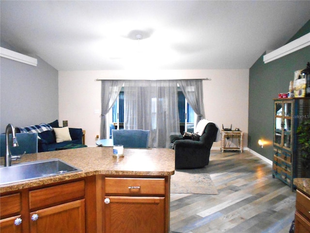 kitchen featuring plenty of natural light, brown cabinets, open floor plan, wood finished floors, and a sink