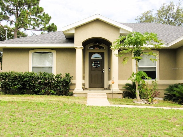 doorway to property with roof with shingles, a lawn, and stucco siding