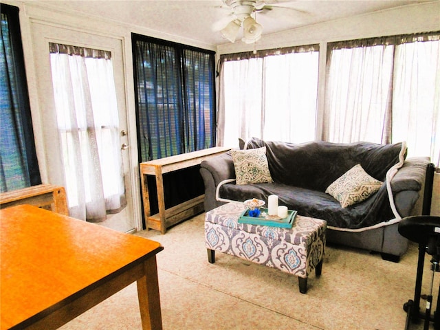 living area with ceiling fan