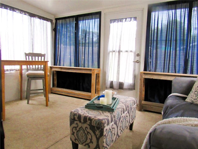 carpeted living room featuring a fireplace