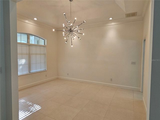 spare room with a chandelier, crown molding, and light tile floors