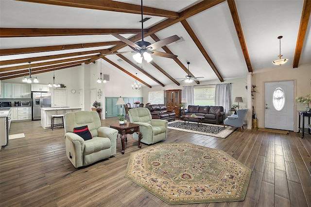 living room featuring beamed ceiling, high vaulted ceiling, wood-type flooring, and ceiling fan with notable chandelier