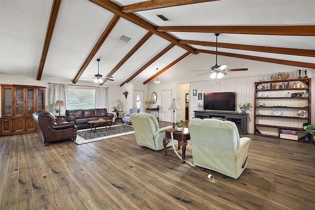 living room featuring vaulted ceiling with beams, ceiling fan, and dark hardwood / wood-style flooring