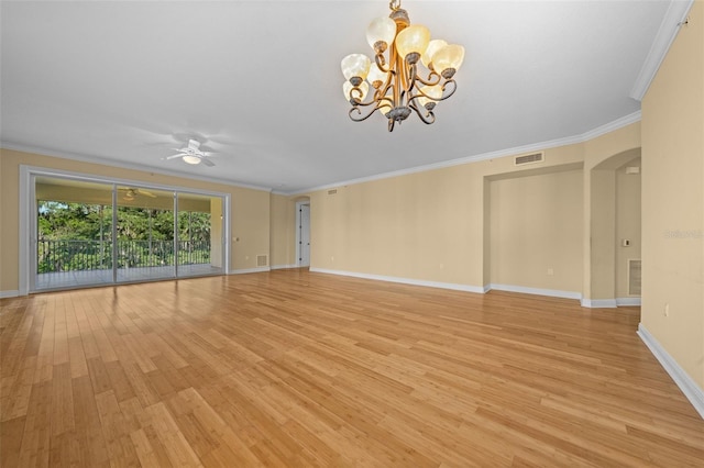 interior space with light hardwood / wood-style floors, ceiling fan with notable chandelier, and crown molding