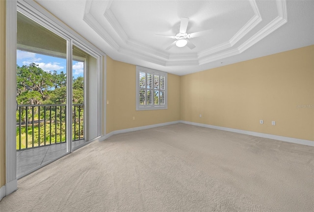 carpeted spare room with plenty of natural light, ceiling fan, and a raised ceiling