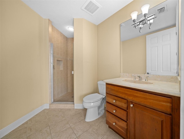 bathroom featuring tile flooring, oversized vanity, an enclosed shower, a notable chandelier, and toilet