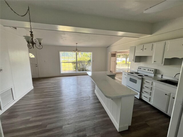 kitchen with white cabinetry, sink, white electric range oven, an inviting chandelier, and decorative light fixtures