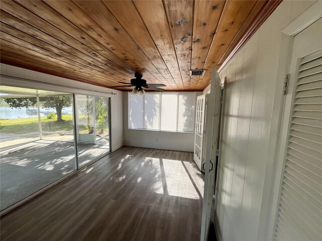 unfurnished sunroom featuring ceiling fan and wood ceiling