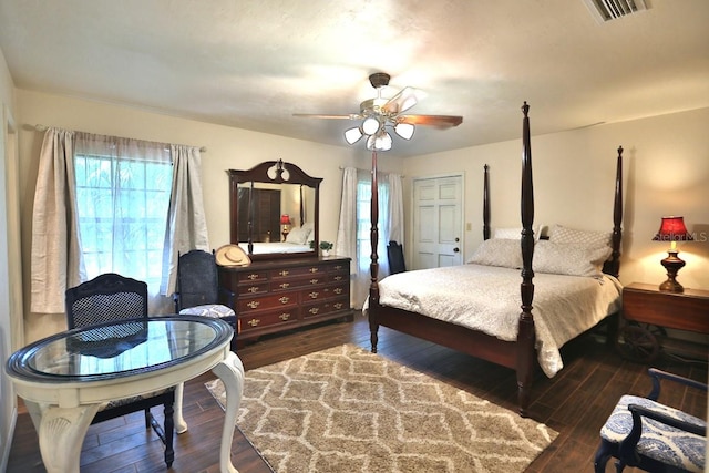 bedroom featuring dark hardwood / wood-style floors, a closet, and ceiling fan