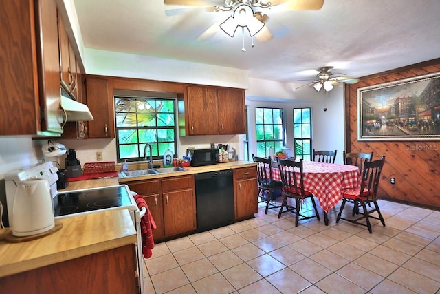 18001 SE Hawthorne Rd, Hawthorne, FL 32640 - kitchen featuring under cabinet range hood, a ceiling fan, a sink, and black appliances