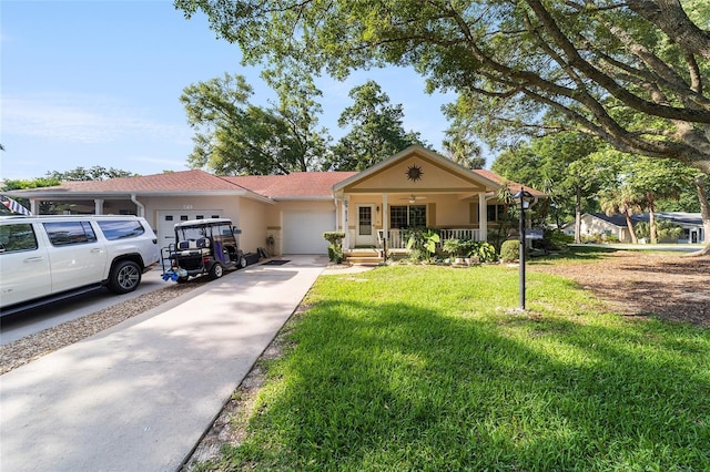 view of front of property featuring a garage, a porch, a front lawn, and stucco siding