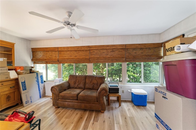 living room with ceiling fan and light wood-type flooring