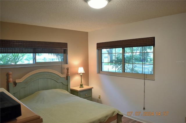 bedroom featuring wood-type flooring and a textured ceiling