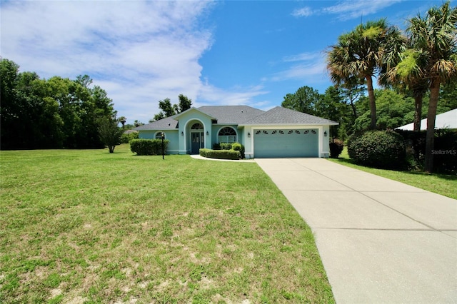 ranch-style house with a garage and a front lawn