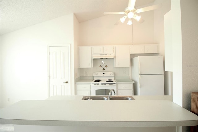 kitchen with white appliances, sink, tasteful backsplash, and vaulted ceiling