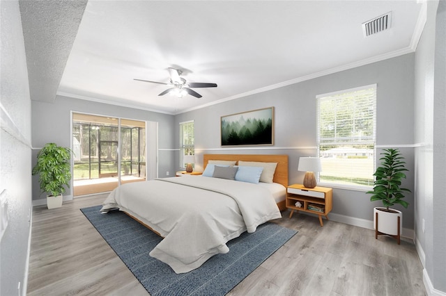 bedroom with access to outside, crown molding, ceiling fan, light wood-type flooring, and a textured ceiling