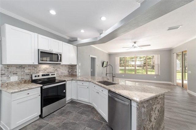 kitchen with stainless steel appliances, crown molding, a sink, and a peninsula