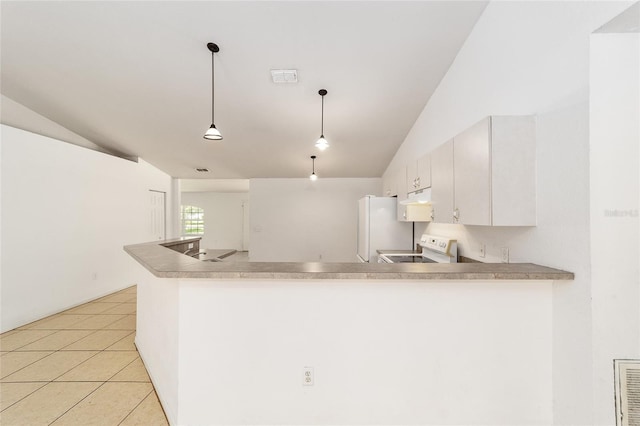 kitchen featuring kitchen peninsula, white cabinets, pendant lighting, and white appliances