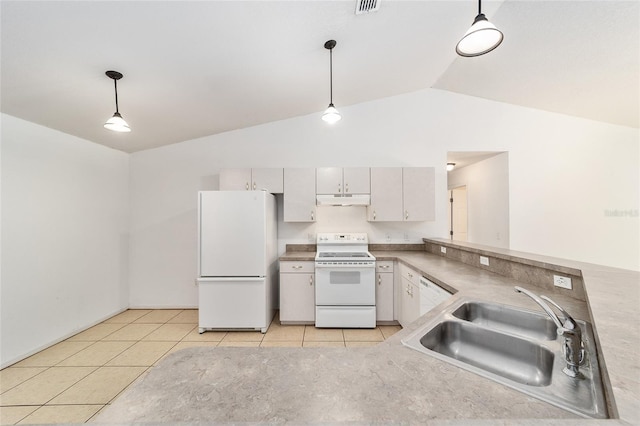 kitchen featuring pendant lighting, white appliances, lofted ceiling, and sink