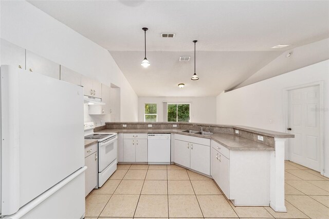 kitchen with kitchen peninsula, white appliances, pendant lighting, white cabinets, and lofted ceiling