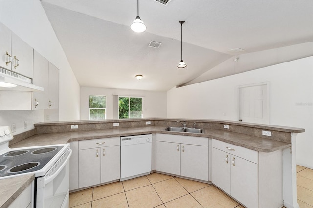 kitchen with white appliances, lofted ceiling, sink, decorative light fixtures, and white cabinetry