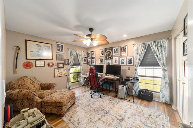 office area featuring ceiling fan and light wood-type flooring