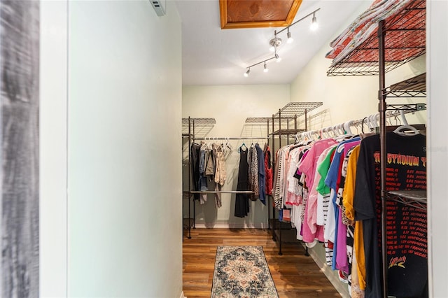 spacious closet featuring dark hardwood / wood-style flooring