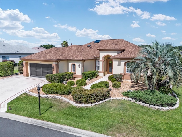 view of front of home with a garage and a front lawn