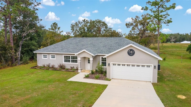 single story home with a front lawn and a garage