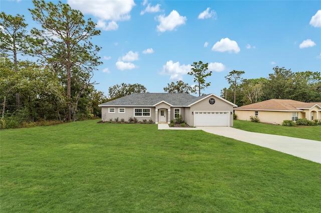 single story home featuring a front lawn and a garage