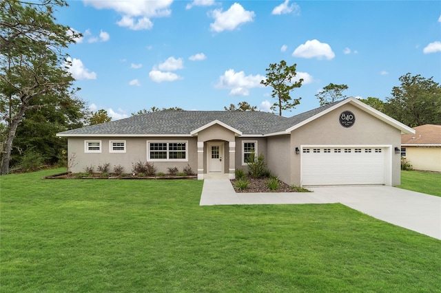 ranch-style house with a front lawn and a garage