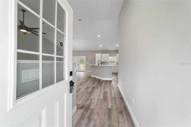 hall featuring light wood-type flooring and sink