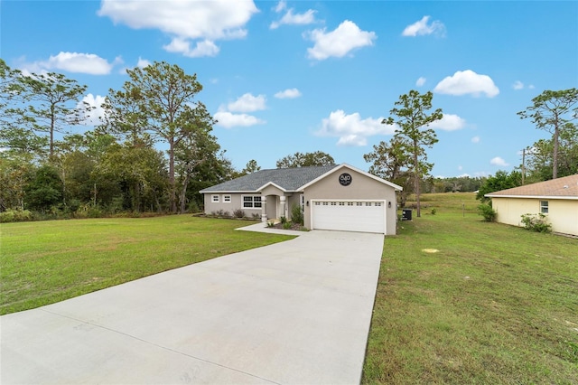 single story home featuring a front lawn and a garage