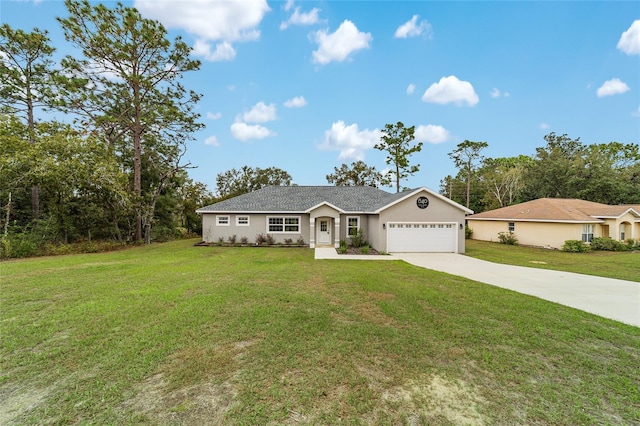 ranch-style house with a front lawn and a garage