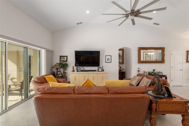 living room with vaulted ceiling and ceiling fan