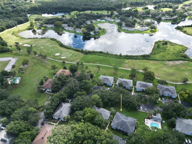 birds eye view of property with a residential view and a water view