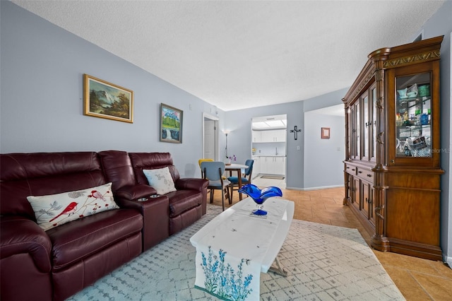 living area featuring baseboards and a textured ceiling
