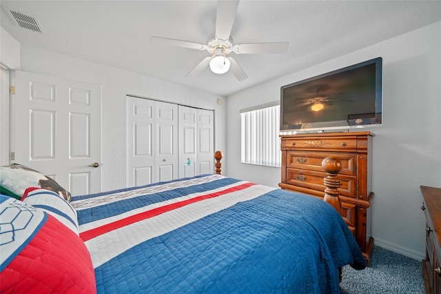 bedroom with carpet, a closet, visible vents, ceiling fan, and baseboards