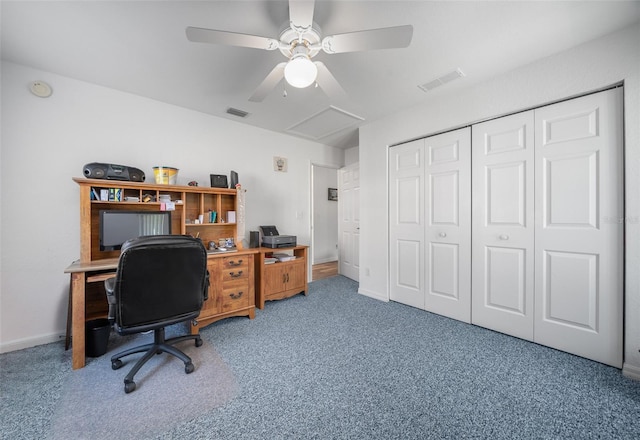 office with attic access, carpet flooring, visible vents, and baseboards