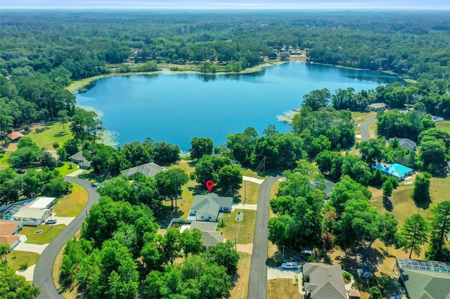 bird's eye view with a water view and a forest view