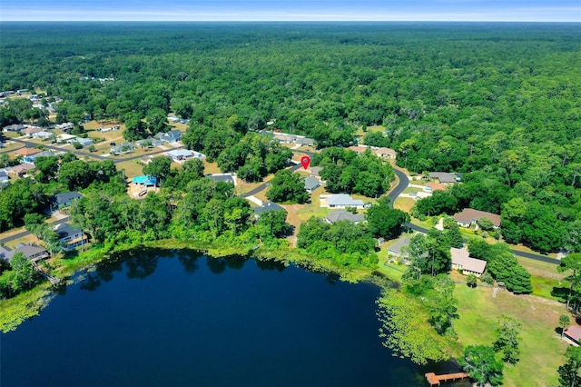 birds eye view of property featuring a residential view, a water view, and a forest view