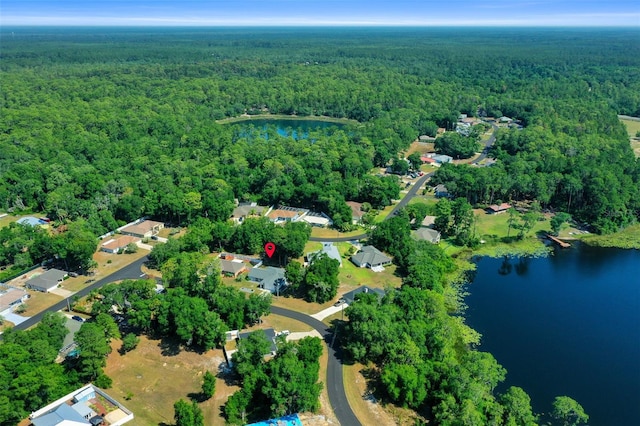 bird's eye view with a water view and a wooded view