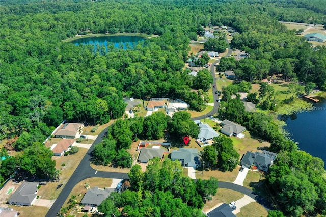 drone / aerial view with a water view, a forest view, and a residential view